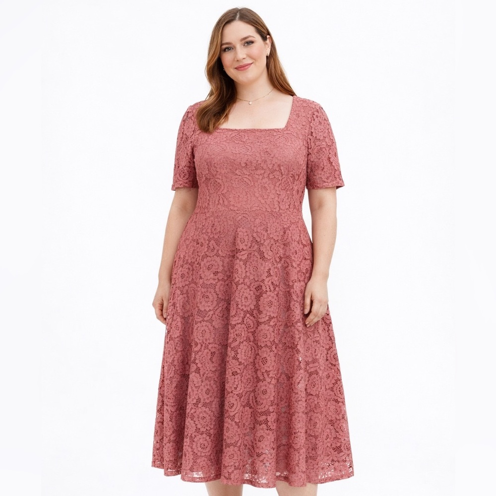 Women Chic Floral Lace Midi Dress in Rose